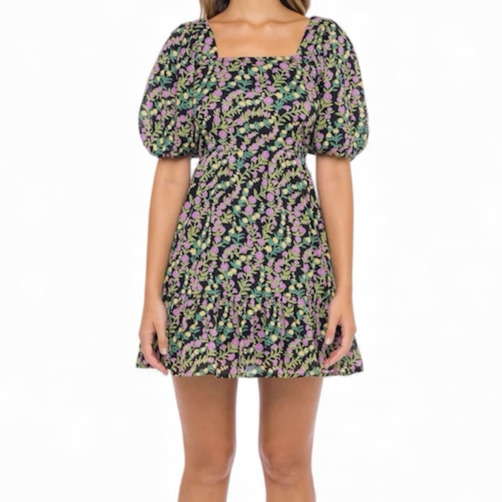 Banjanan Harley Mini Dress in Multi-Color Floral Sz XS Puff Sleeves Cottagecore